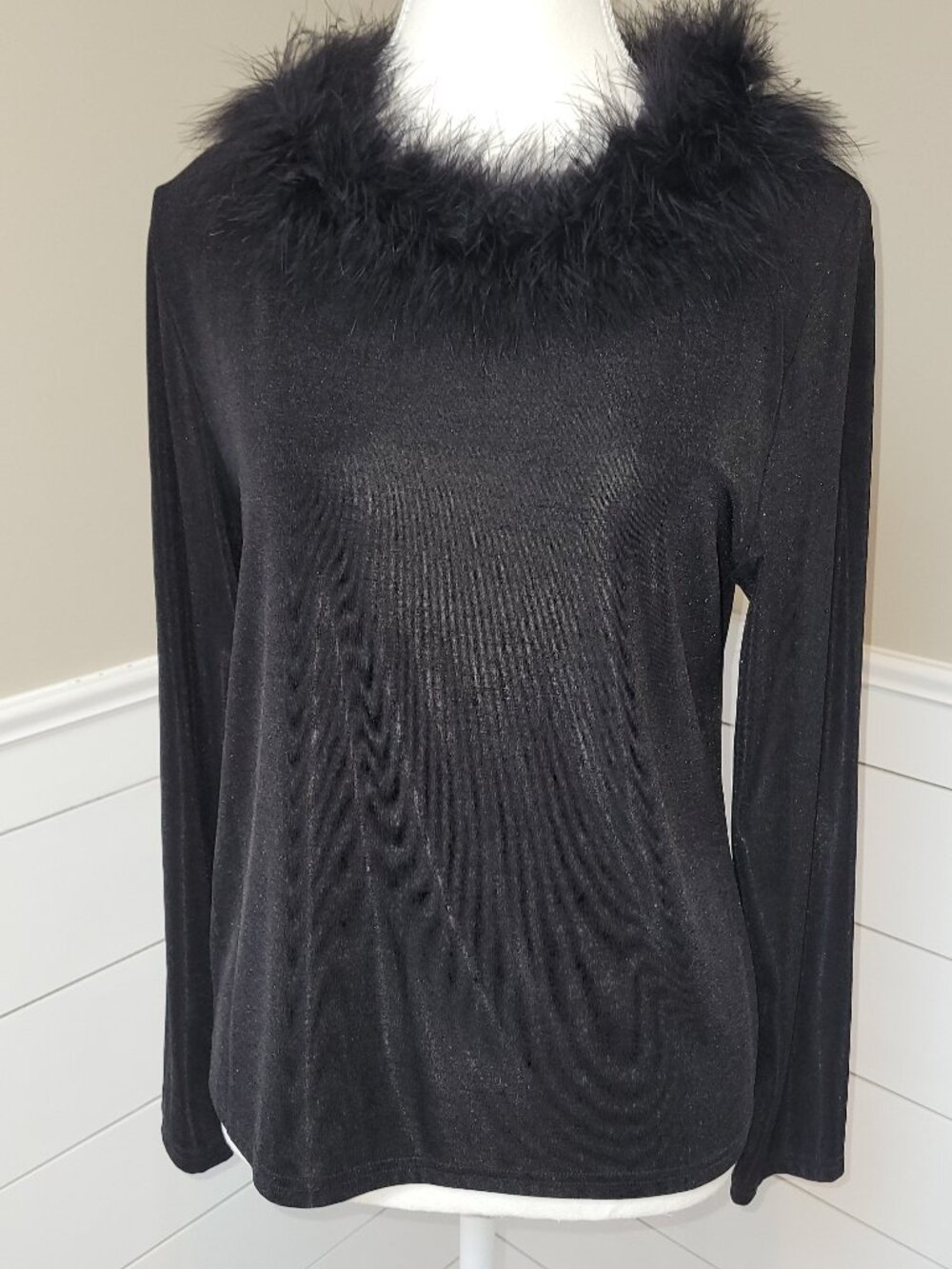 Black Top with Feathered Neckline-Size Medium